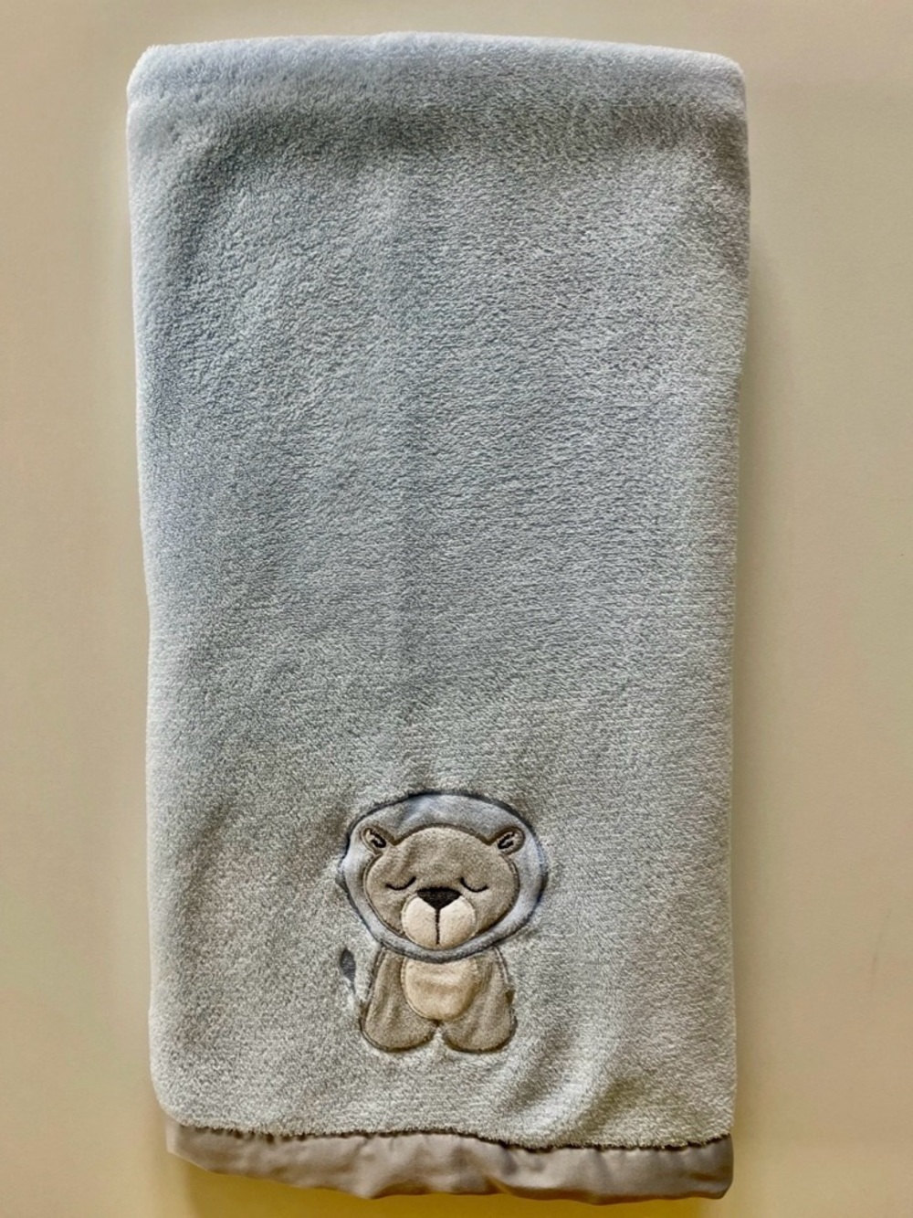 Soft Light Blue Gray Baby Blanket with Embroidered Lion